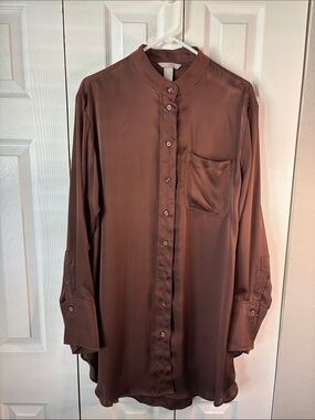 H&M Women’s Brown Satin Band-Collar Tunic Blouse